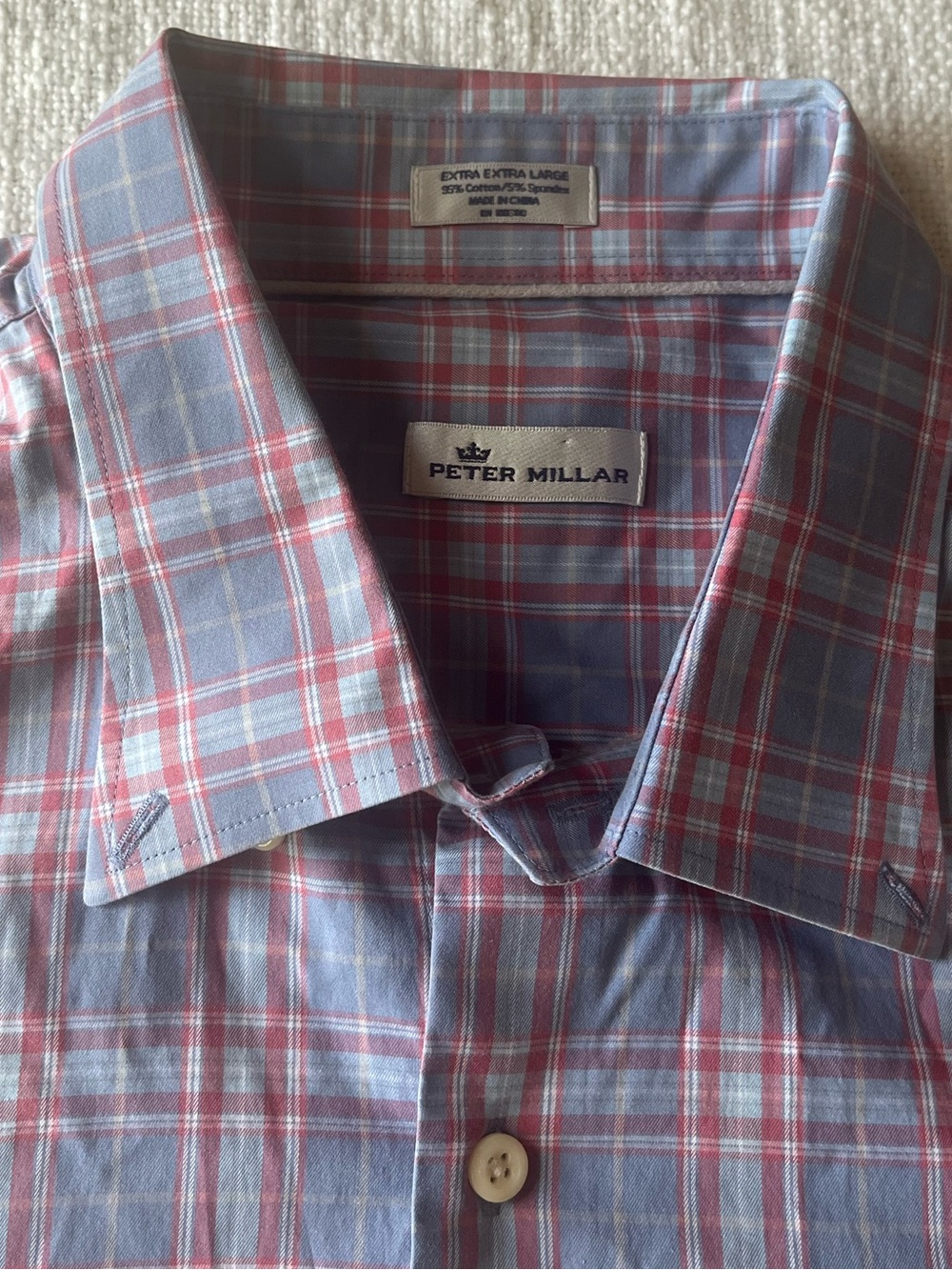 Peter Millar Mens XXL Shirt Blue Red Plaid Stretch Cotton Button Down LS Crown